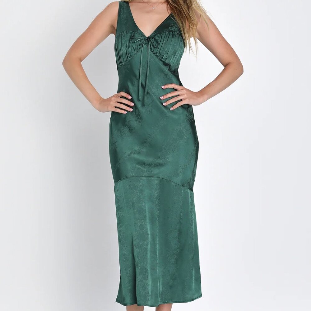 Lulus Exceptional Ideal Emerald Green Satin Jacquard Midi Dress